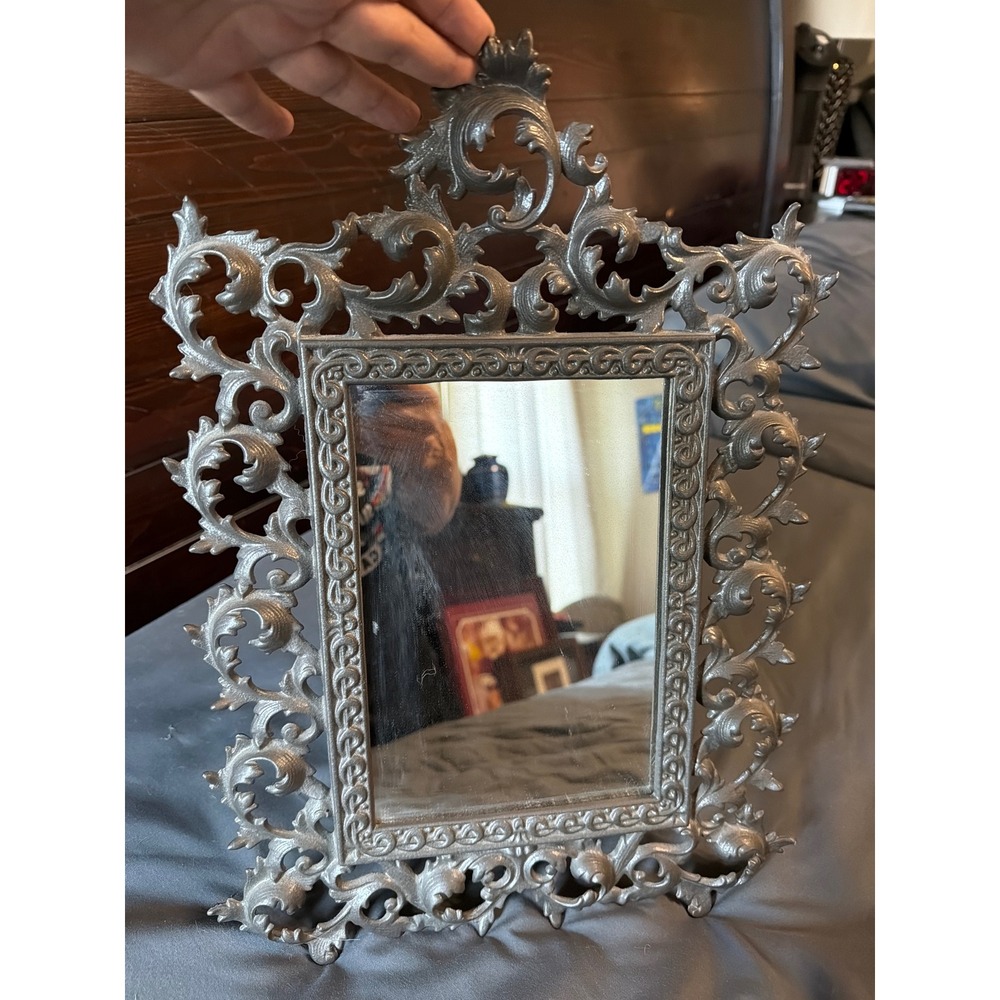 Vintage Ornate Silver Metal Vanity Mirror Rococo Filigree Easel Back Tabletop
